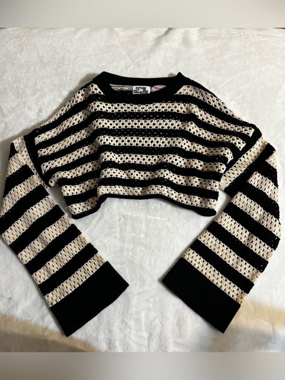 Black & Cream Striped Cropped Knit Sweater